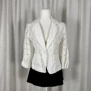 Chetta B Blazer Jacket Womens Small White Lace Eyelet One Button 3/4 Sleeve